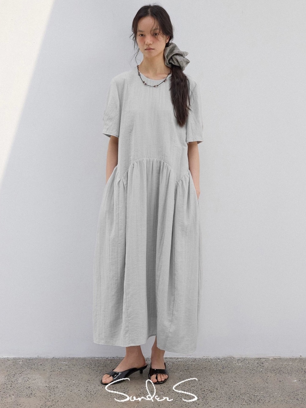 Sonder S Atorie Textured Drop Waist Midi Dress Gray Short Sleeve Pockets M